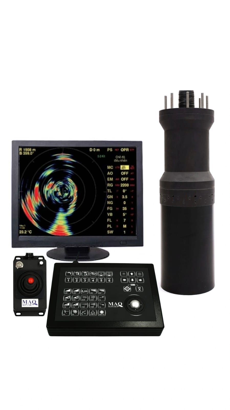 Sistema MAQ Sonar con monitor, control, joystick y transductor.